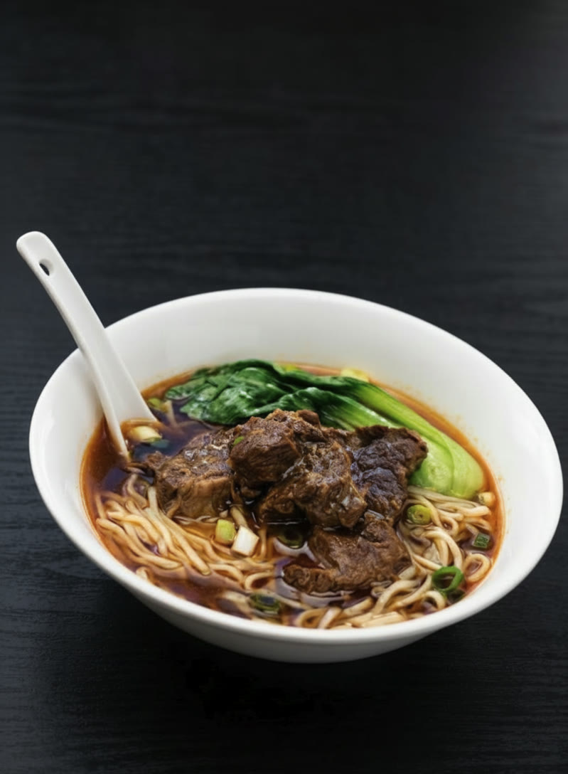 You Yi’s signature beef brisket noodle soup with bok choy and scallion — styled presentation of the restaurant’s dish.
