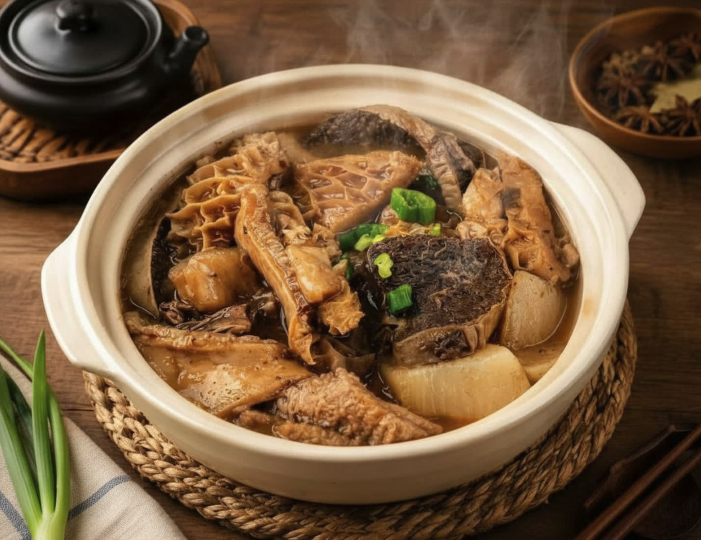 You Yi’s clay pot of soy-braised beef offal, including honeycomb tripe, with radish — styled presentation of the restaurant’s dish.
