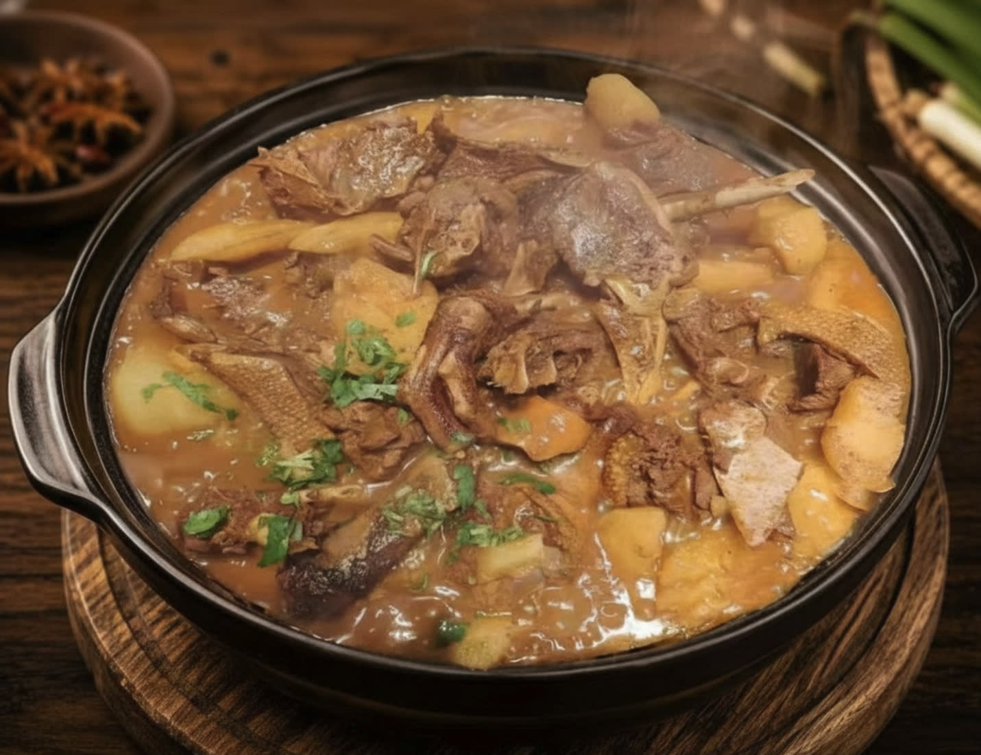 You Yi’s clay pot of braised goose with potatoes and cilantro — styled presentation of the restaurant’s dish.