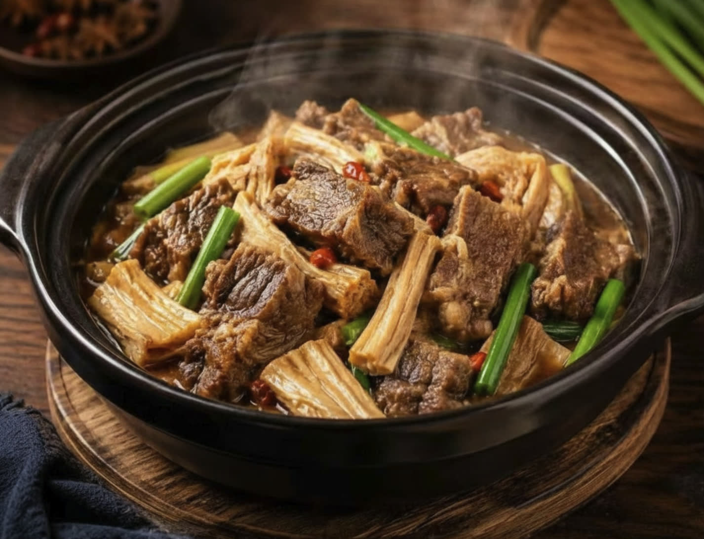 You Yi’s clay pot of braised lamb brisket with bean curd sticks and scallion — styled presentation of the restaurant’s dish.