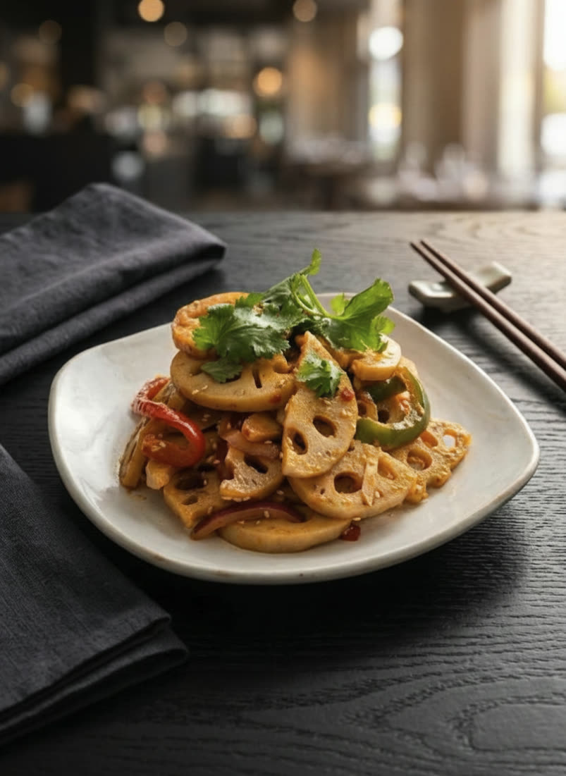 You Yi’s lotus root slices with peppers, sesame, and cilantro — styled presentation of the restaurant’s dish.