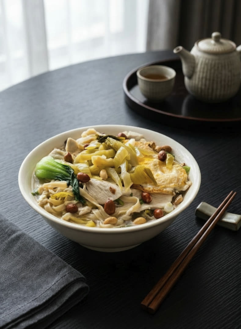 You Yi’s pickled mustard greens noodle soup with sliced chicken, fried egg, peanuts, and bok choy — styled presentation of the restaurant’s dish.