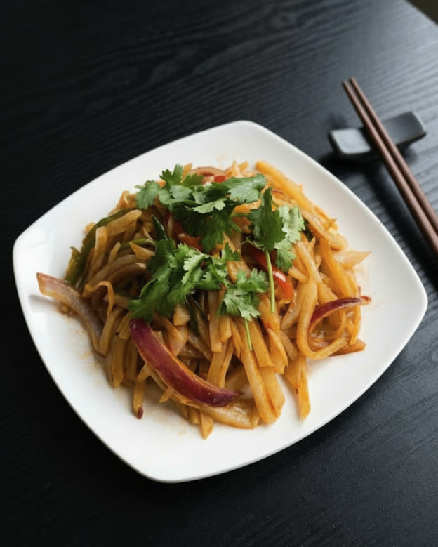 You Yi’s cold-tossed shredded potato with red onion, chili, and cilantro — styled presentation of the restaurant’s dish.