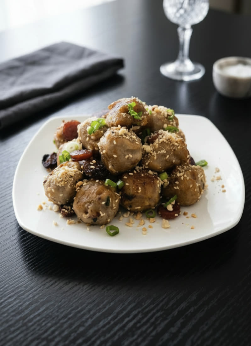 You Yi’s Hakka taro balls, pan-fried and topped with scallion and crushed peanuts — styled presentation of the restaurant’s dish.