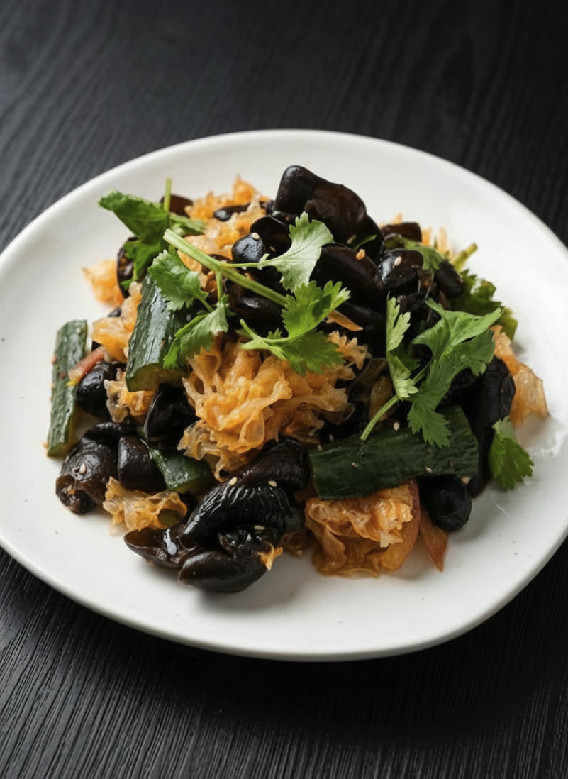 You Yi’s black and white fungus salad with cucumber, cilantro, and sesame — styled presentation of the restaurant’s dish.