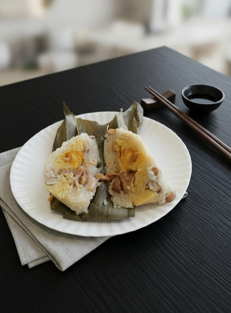 You Yi’s sticky rice dumpling (zongzi), cut open to show the pork and rice filling — styled presentation of the restaurant’s dish.