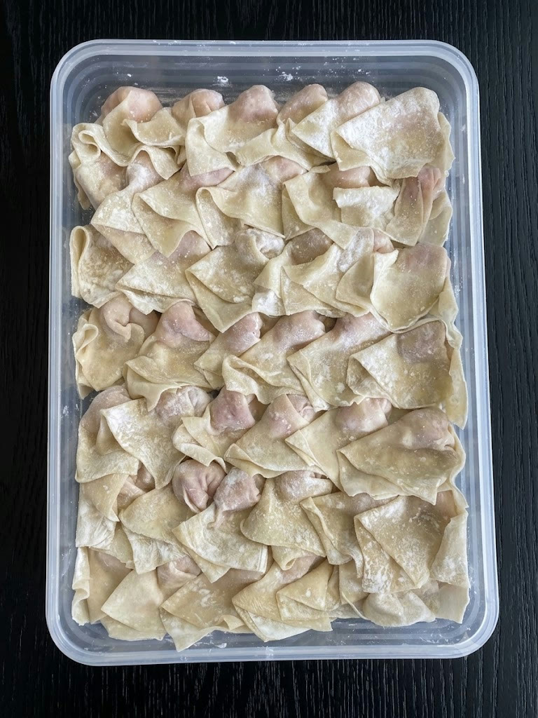 A tray of You Yi’s hand-wrapped Cantonese wontons — the take-home frozen pack, 36 pieces.