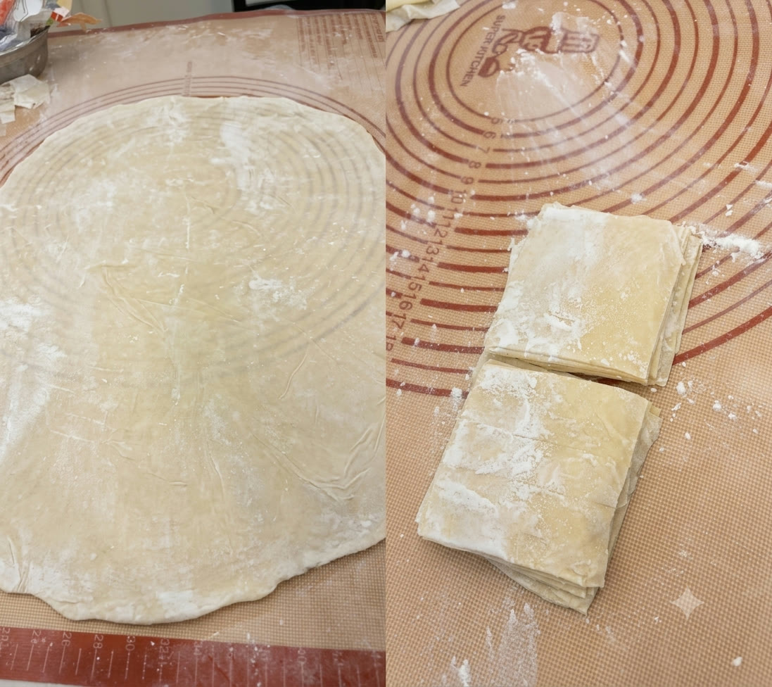 You Yi’s house-made wonton skin — dough rolled out, then cut and stacked into wrappers.
